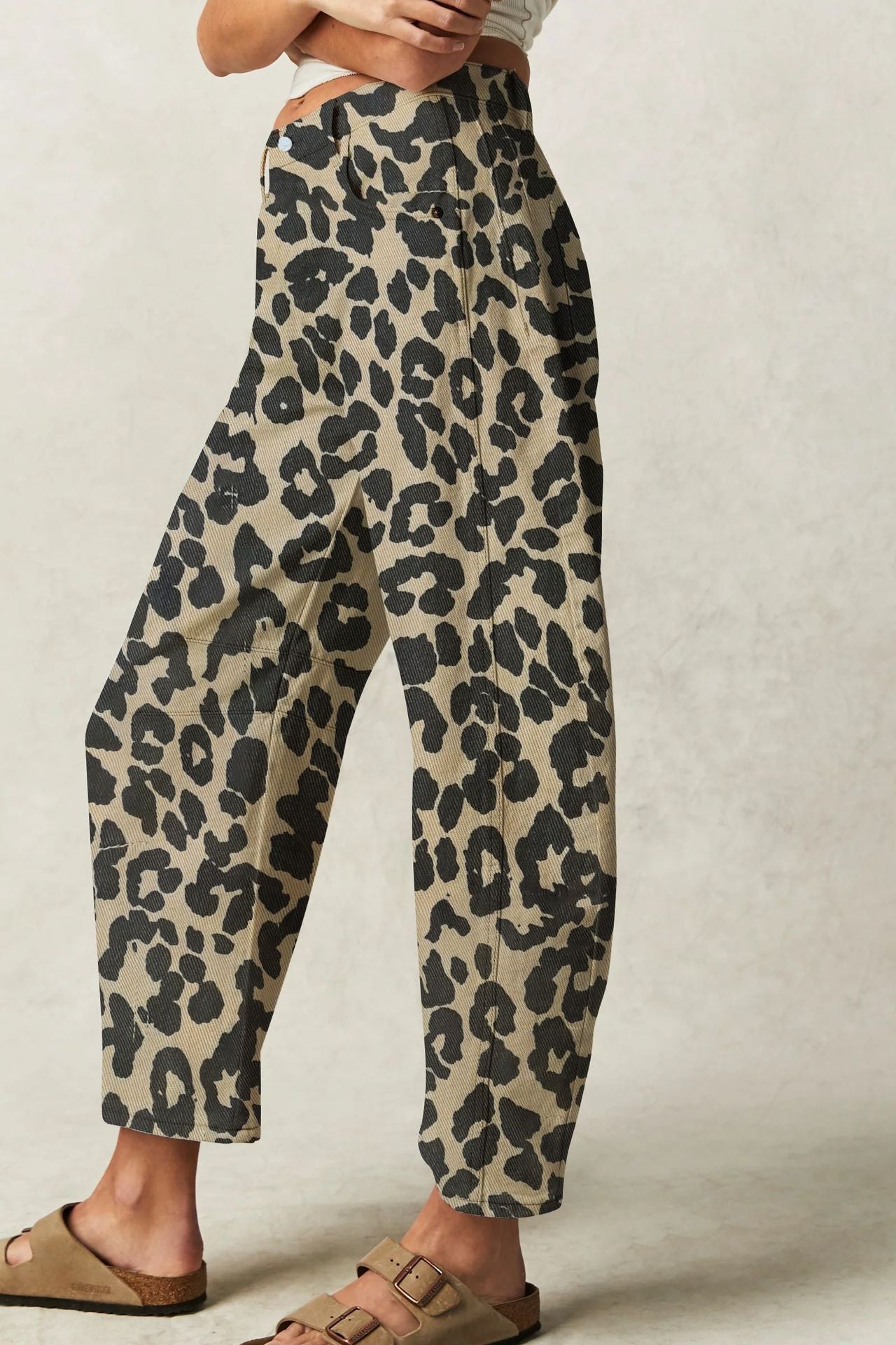Women's Leopard Print Casual Loose Mid Waist Jeans