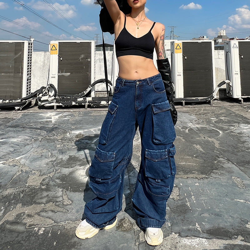 Women's Waist Large Pocket Loose Casual Cool Jeans