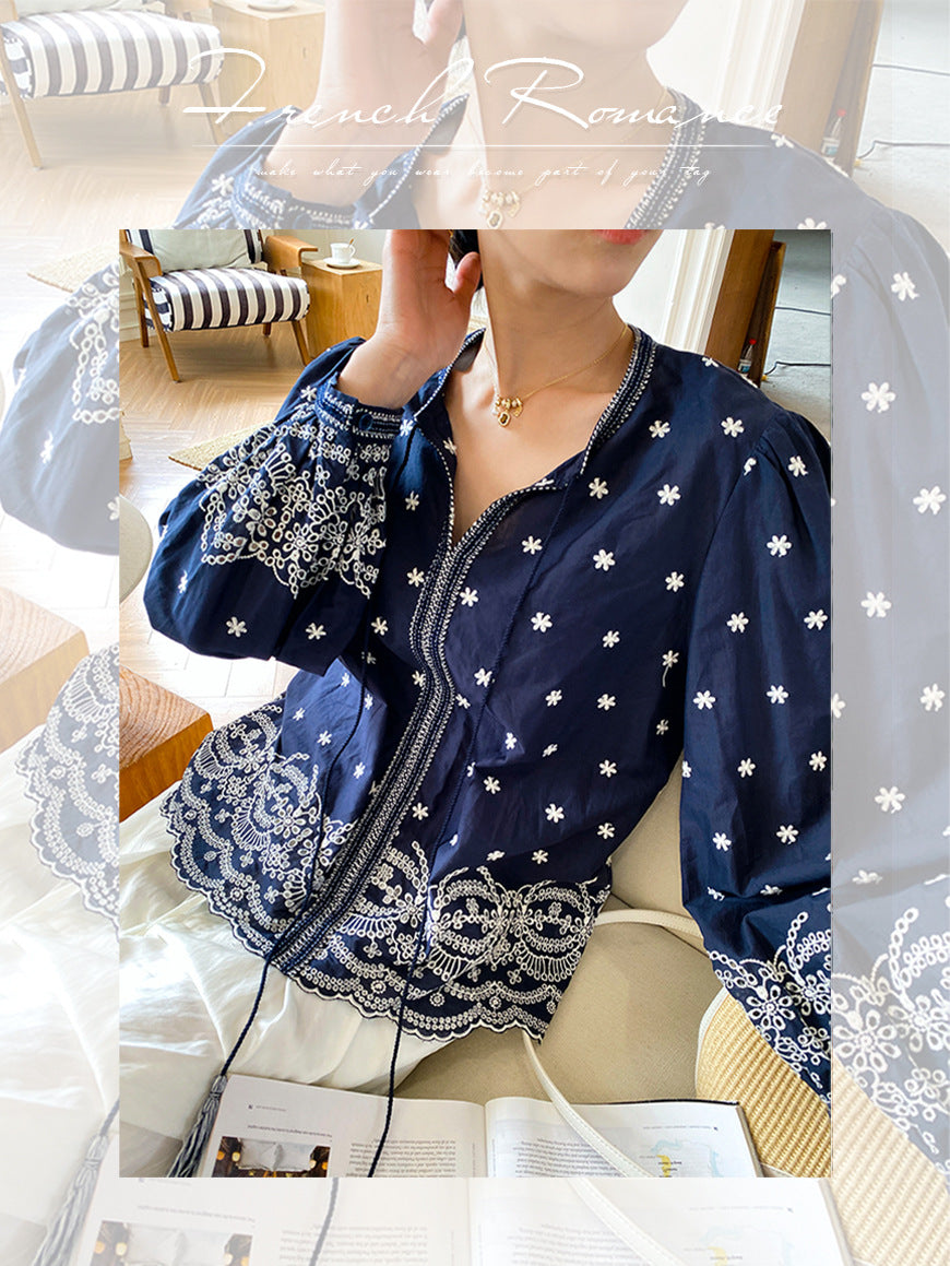Women's Shirt Long Sleeve French Style Embroidery Tops