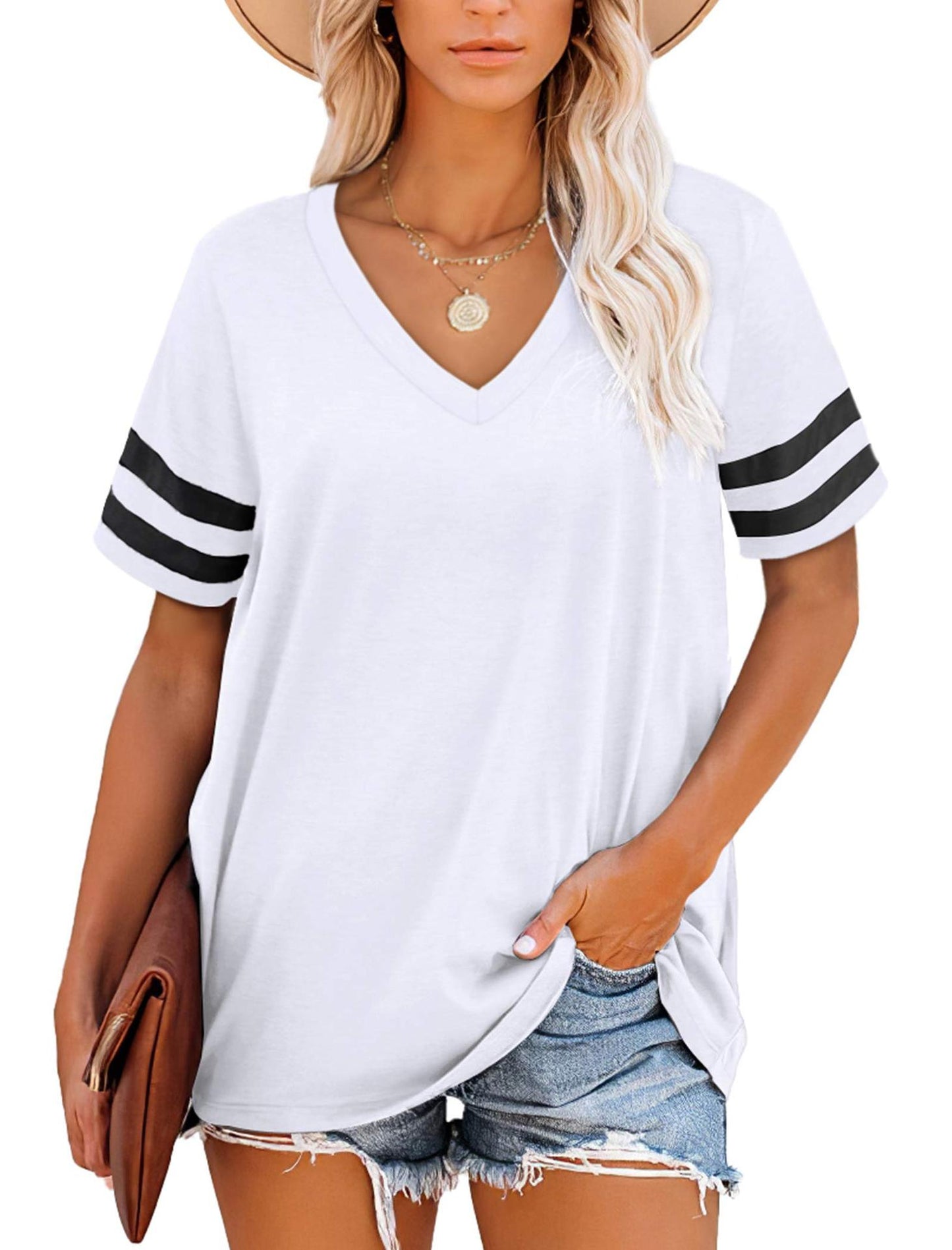 Women's Summer Loose T-shirt Striped Sleeve Blouses