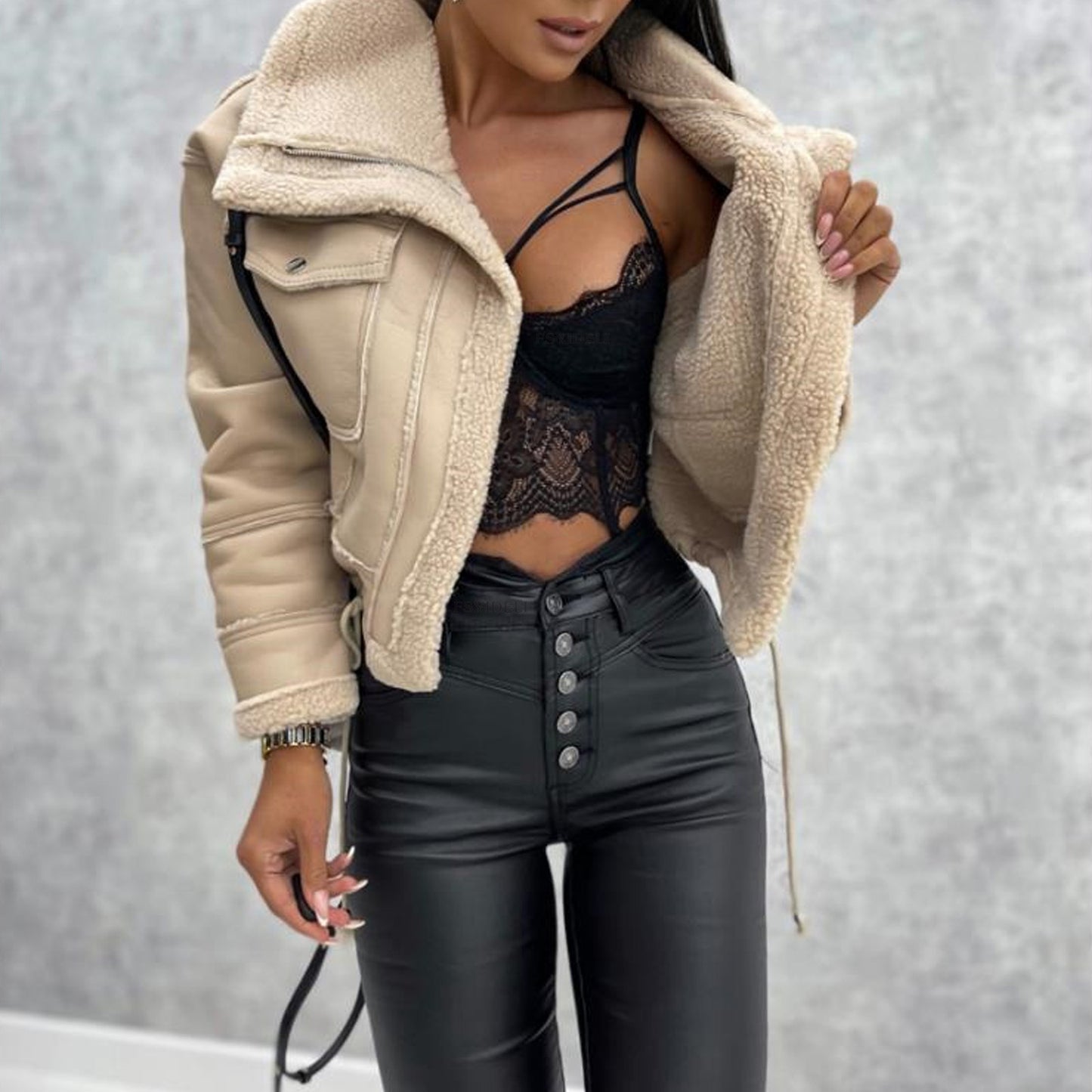 Women's Lamb Wool Zipper Machine Car Style Jackets