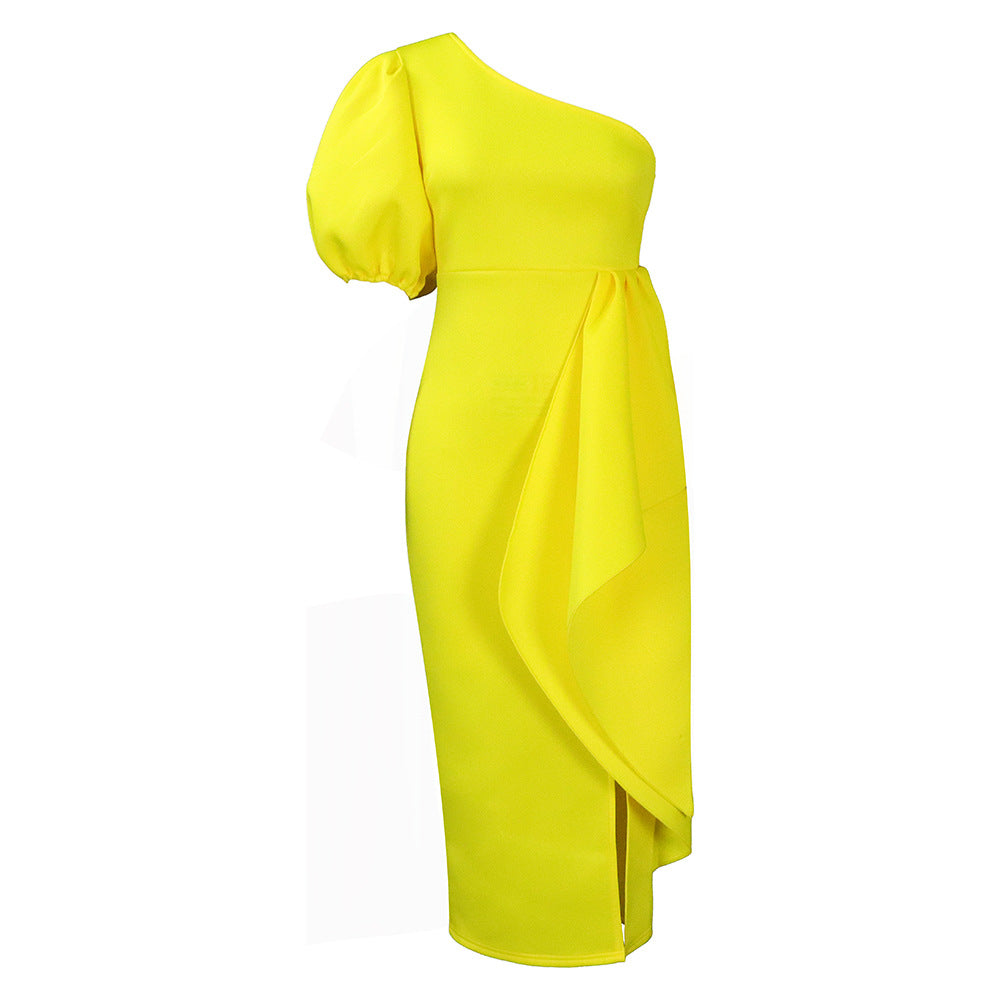 Women's Diagonal Collar Split Ruffled Sexy Dress