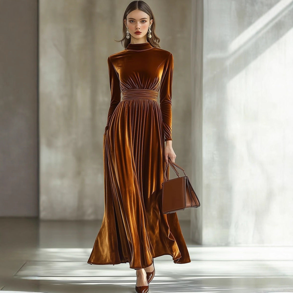 Women's Long-sleeved Waist Slimming Graceful Long Expansion Female Dress