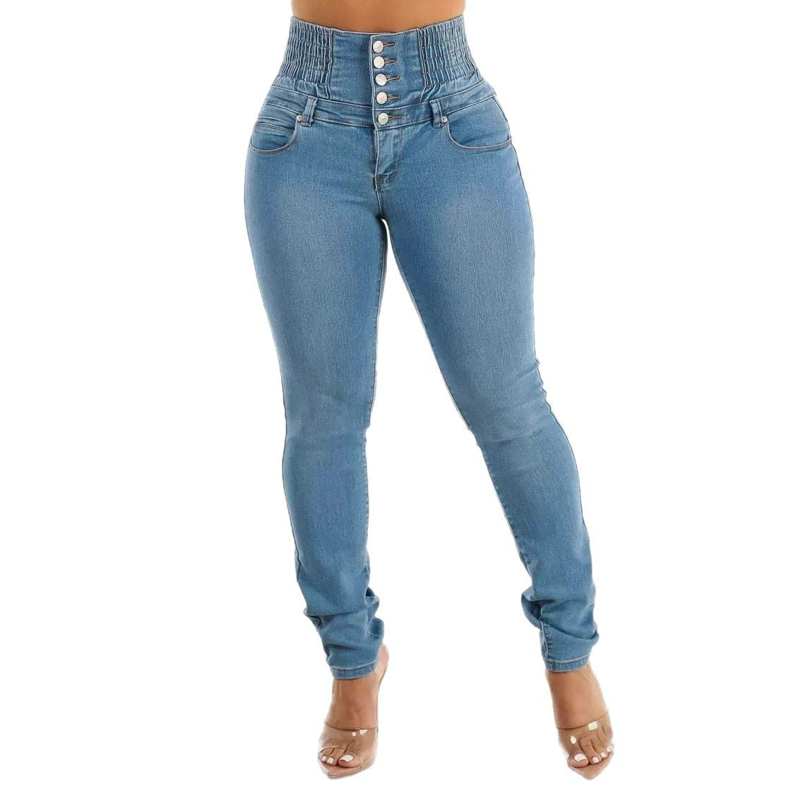 Women's Stretch Slimming Button Pencil Slim Fit High Waist Hip Jeans