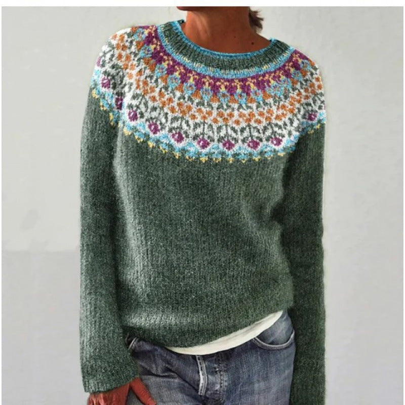Women's Tibetan Wolf Round Neck Loose Fashion Pullover Color Matching Dark Sweaters