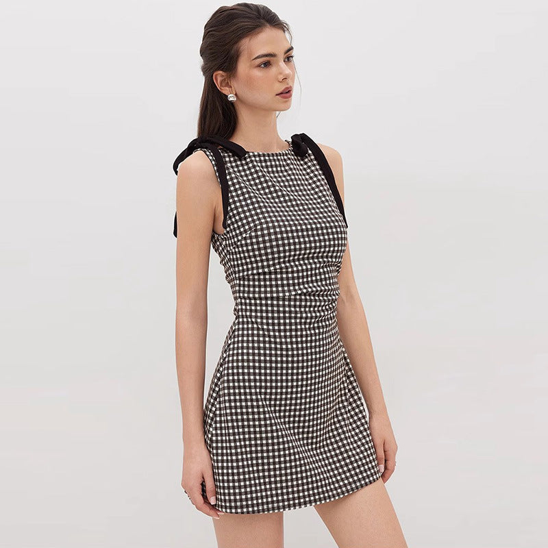 White Plaid Round Neck Pleated Bow Sleeveless Dresses