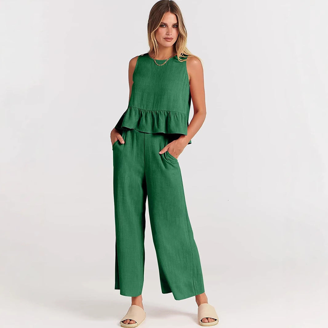 Women's Summer Sleeveless Pleated Wide Leg Cropped Suits