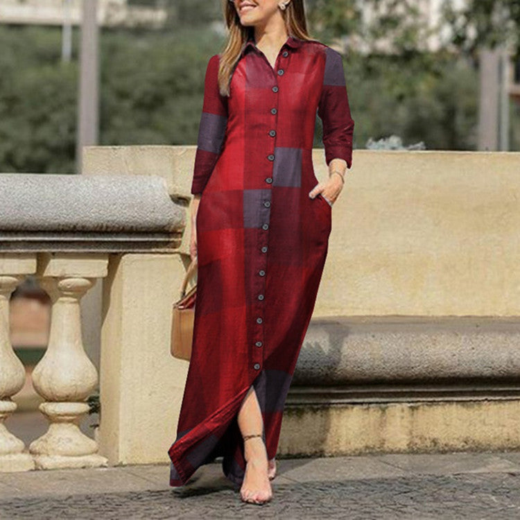 Women's Casual Polo Collar Robe Long Floral Dresses