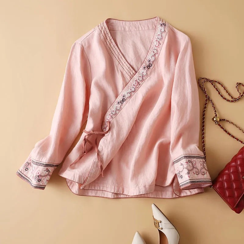Women's Cotton Linen Diagonal Embroidered Artistic Retro Loose Improved Blouses