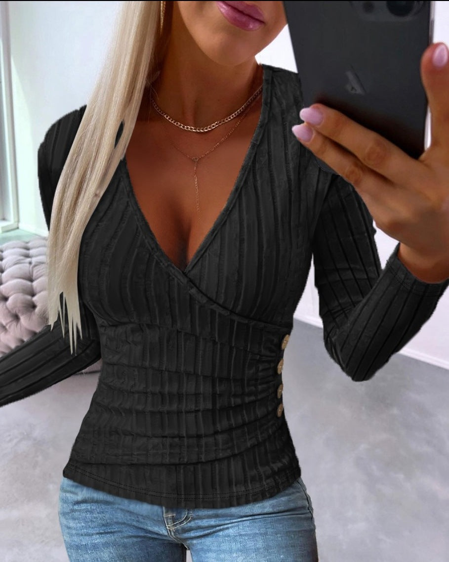 Women's Sunken Stripe Button Knitted Pullover Long-sleeved Blouses