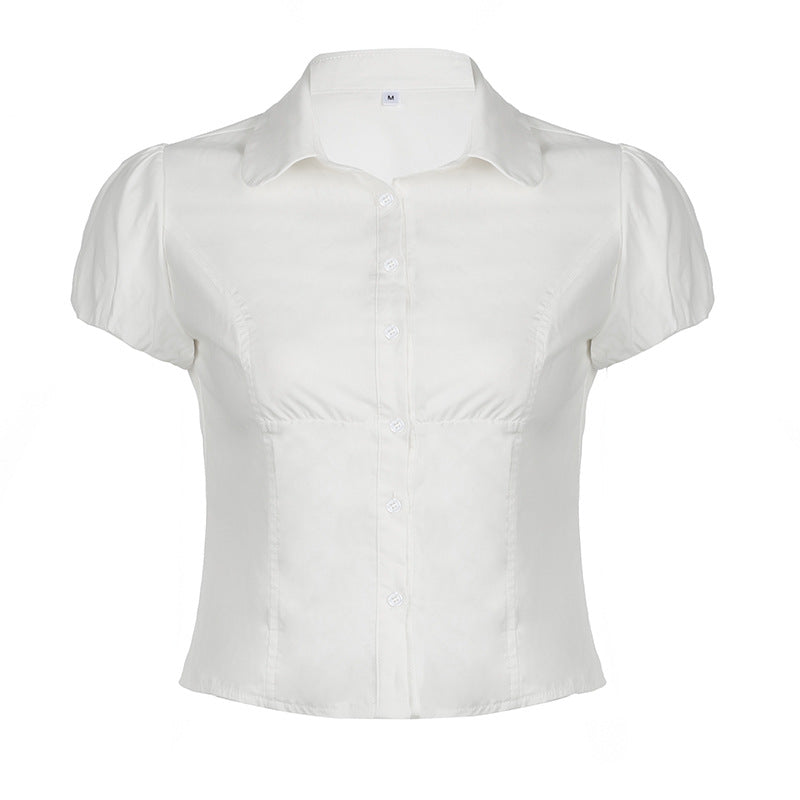 Puff Sleeve Shirt Button Trimming Casual Blouses