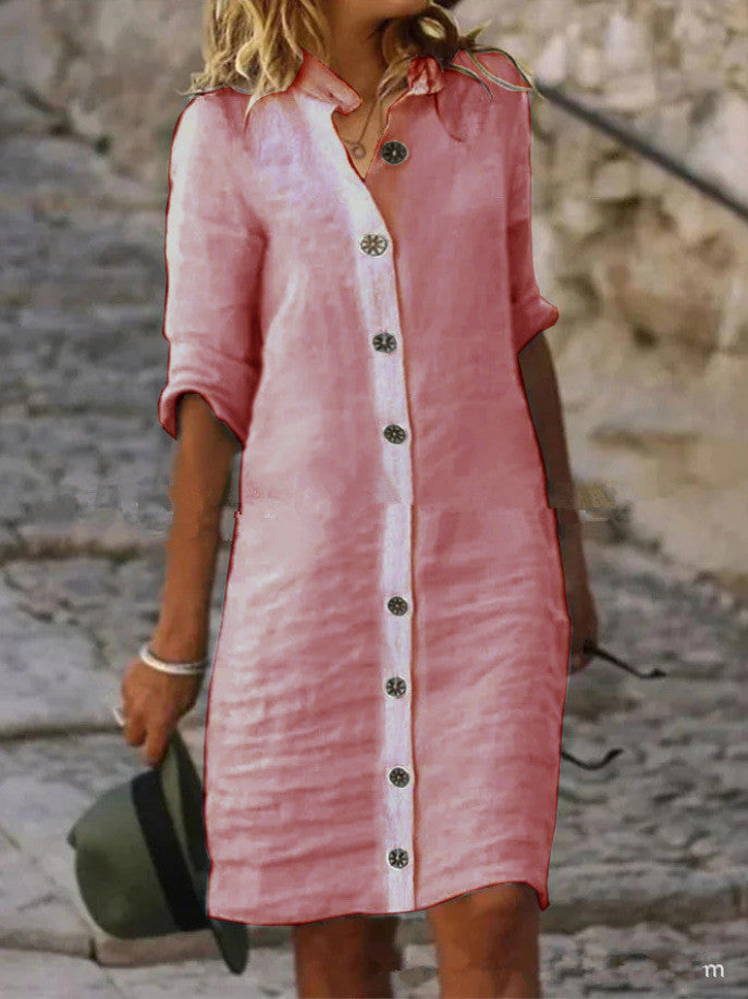 Women's Collar Half Sleeve Large Round Buckle Cotton Dresses