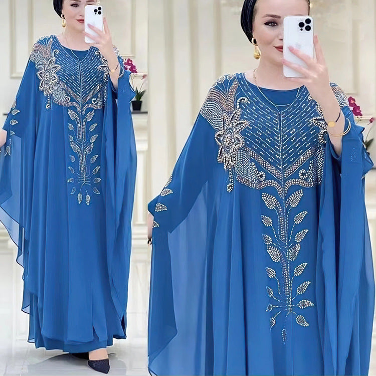 Women's African Dress Chiffon Rhinestone Robe Muslim Dresses