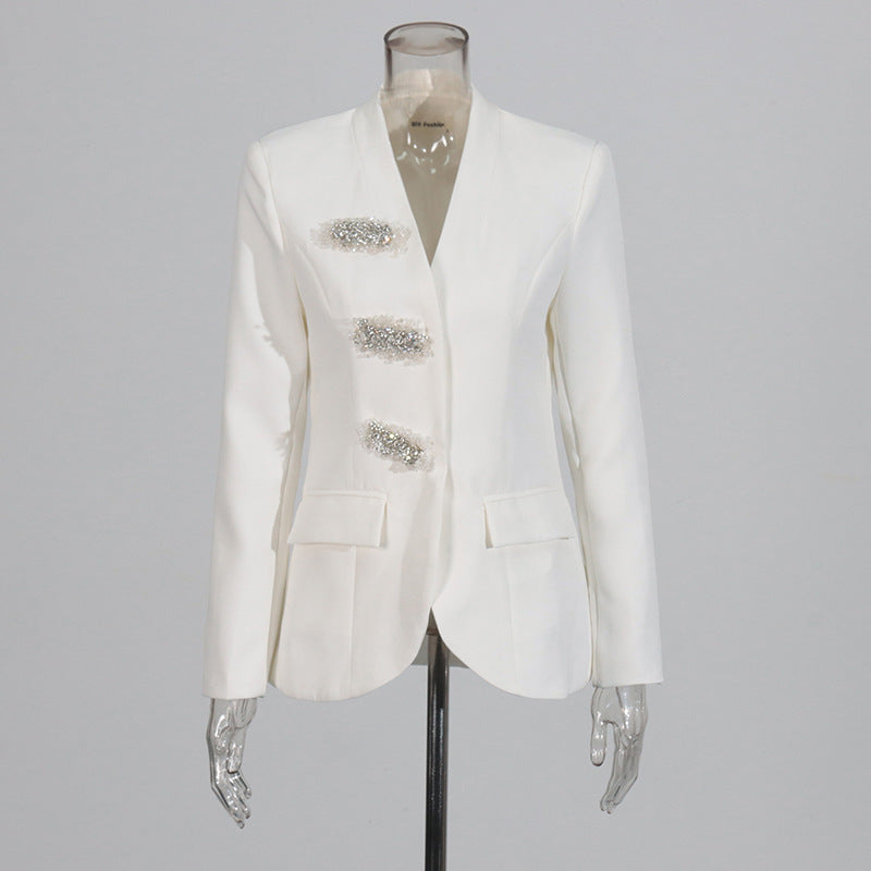 British Style Small Beaded Rhinestone Slim Blazers