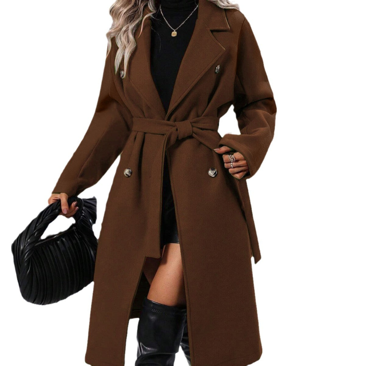 Polo Collar Thick Woolen Lace Up Coats