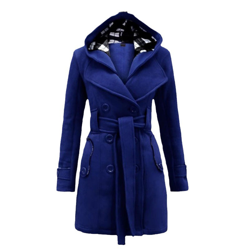 Plaid Hooded Woolen Belt Double-breasted Mid-length Coats