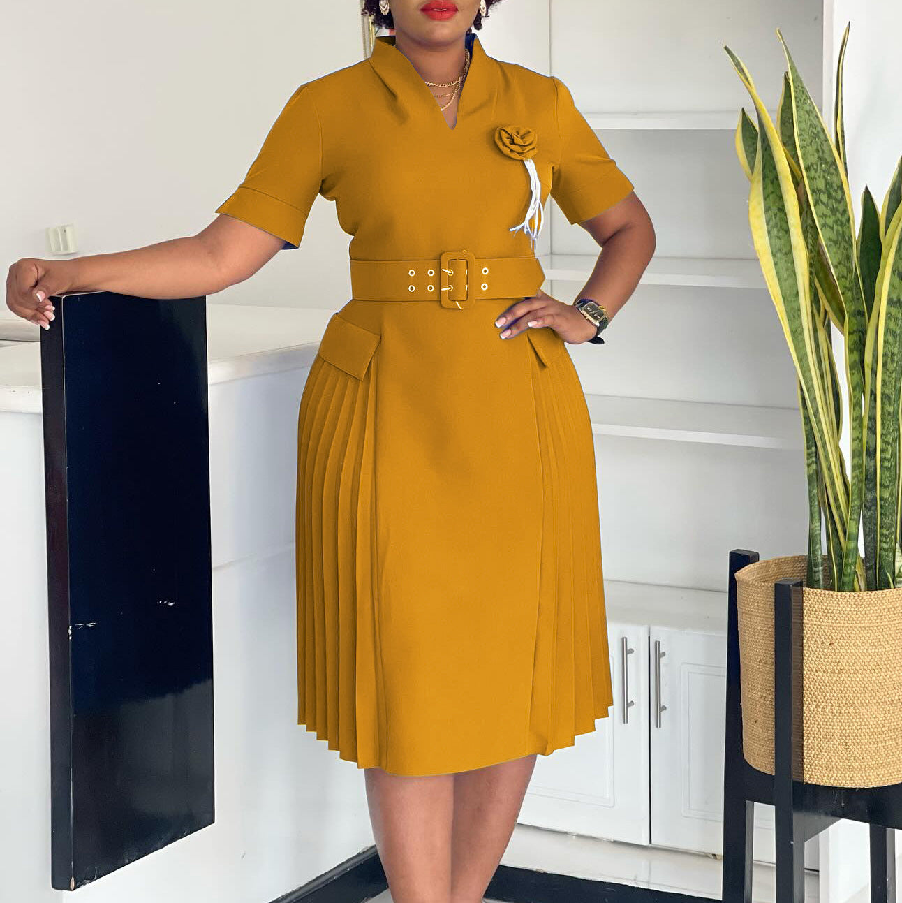 Women's Solid Color Pleated High Waist African Dresses