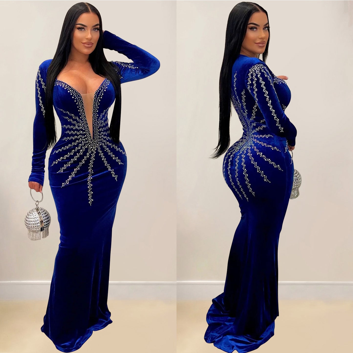 Women's Wear Solid Color Sexy Rhinestone Long Dresses