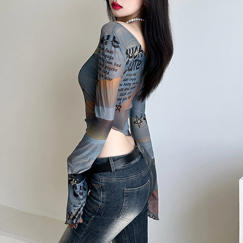 Contrast Color Letter Print T-shirt Lightweight Mesh Flared Blouses