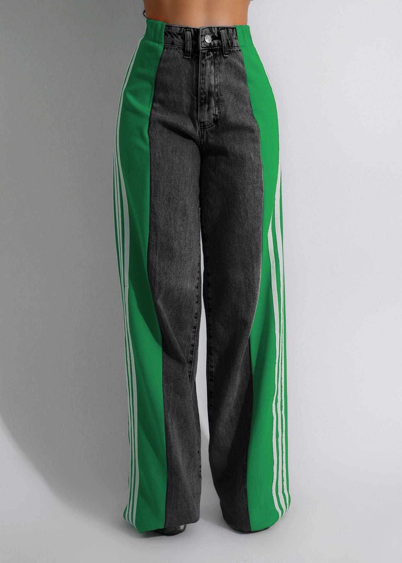 Women's Striped Wide Leg Denim Trousers Casual Jeans
