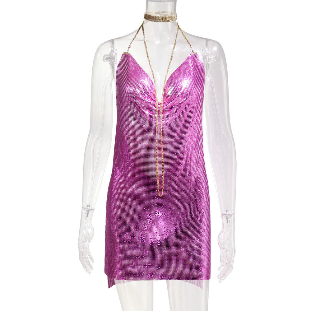 Women's Metal Sequins Sexy Brace Halter Diamond Dresses