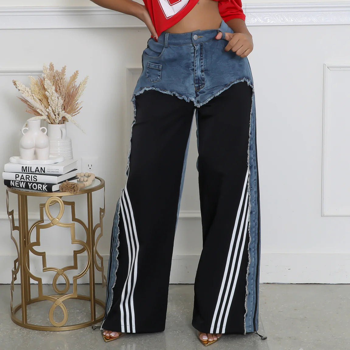 Women's Goods Fashion American Street Stitching Design Striped Jeans