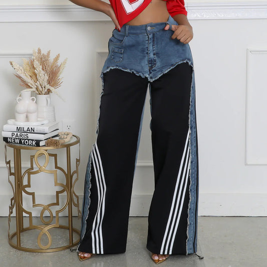 Women's Goods Fashion American Street Stitching Design Striped Jeans