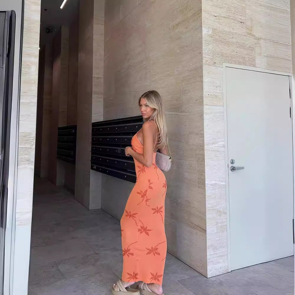 Printed Sexy Knitted Slim Fit Low-cut Slimming Dresses