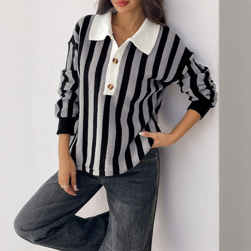 Women's Unisex Style Vertical Stripes Lapel Knitted Sweaters