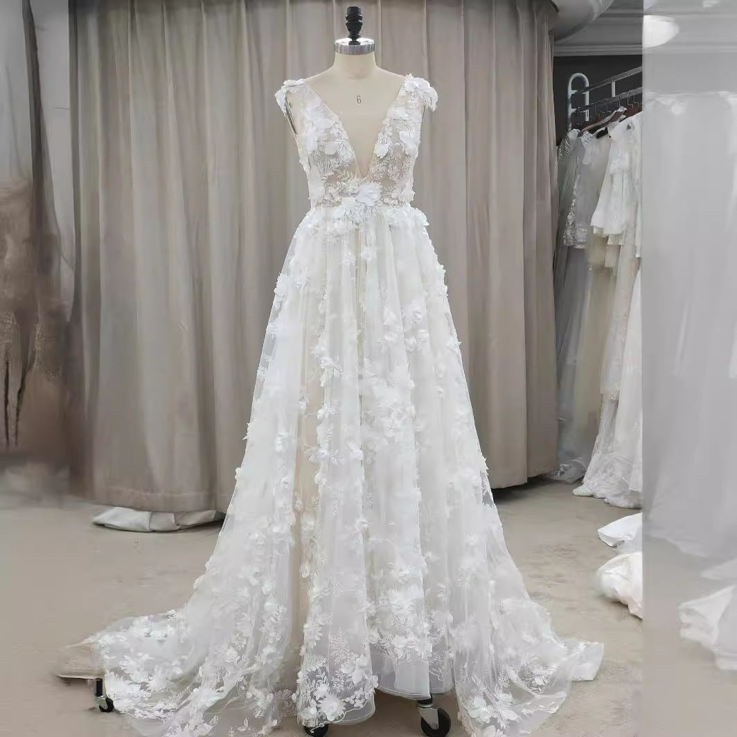 Women's Spring Lace Dress Deep V Big Wedding Dresses