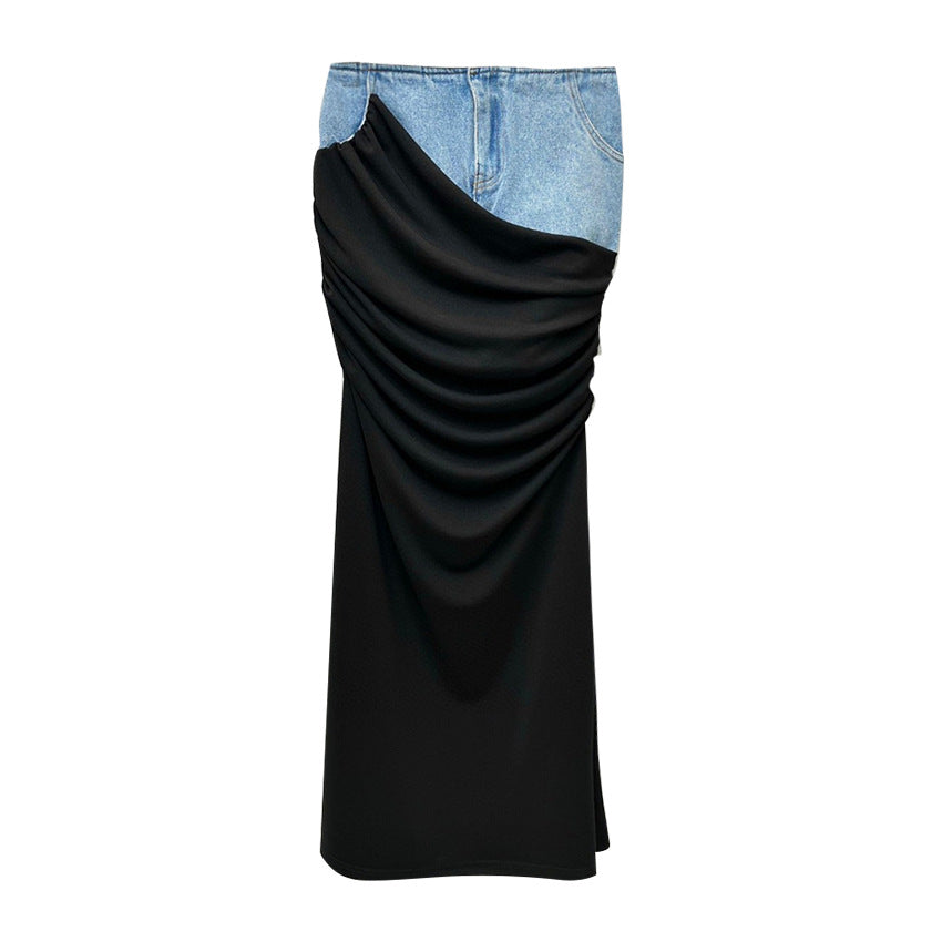 Women's High Waist Fake Two-piece Black Color Pleats Stitching Design Skirts