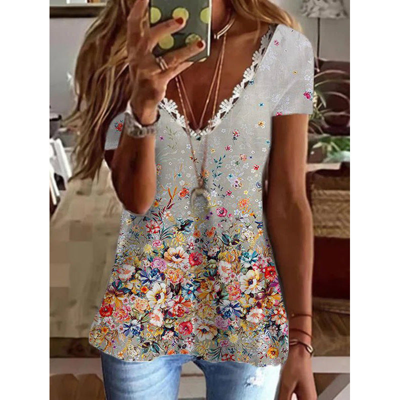 Summer Feather Printed Short-sleeved Lace T-shirt Blouses