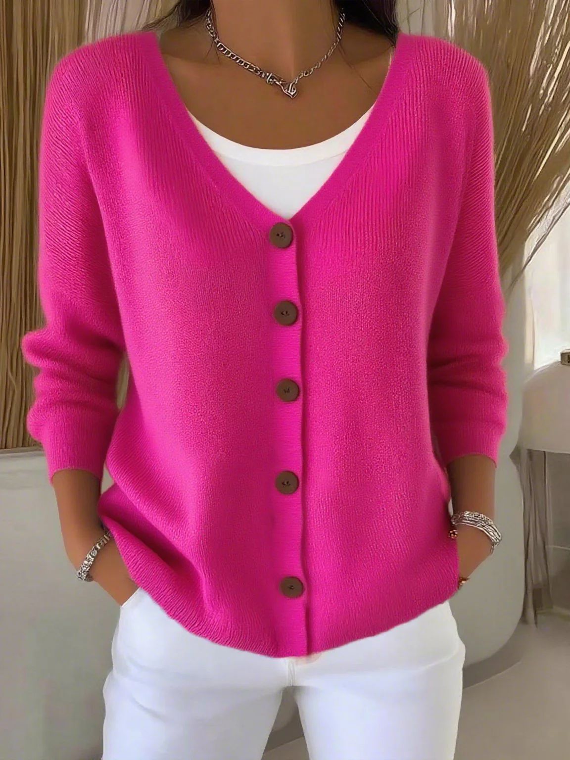 Women's Solid Color Knitted Button Loose Casual Sweaters