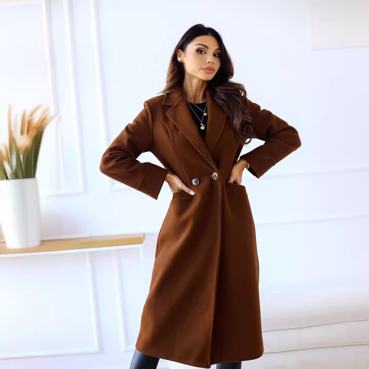 Women's Simple Double Breasted Long Sleeve Lapel Coats
