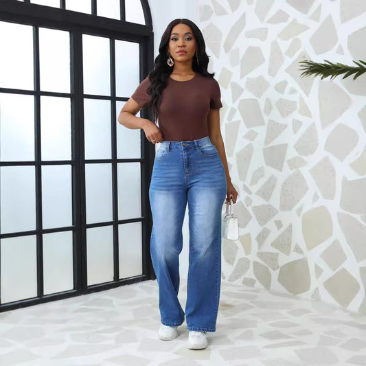 Women's High Elastic Denim Retro Straight Loose Jeans