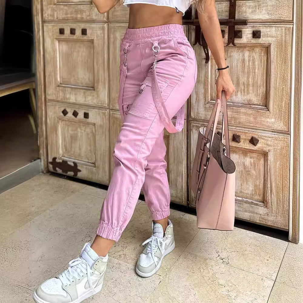 Women's American Retro Pink Figure Flattering Strap Pants