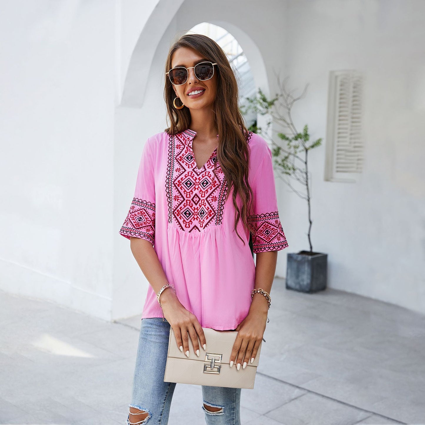 Women's Casual Summer Embroidered Shirt One Blouses