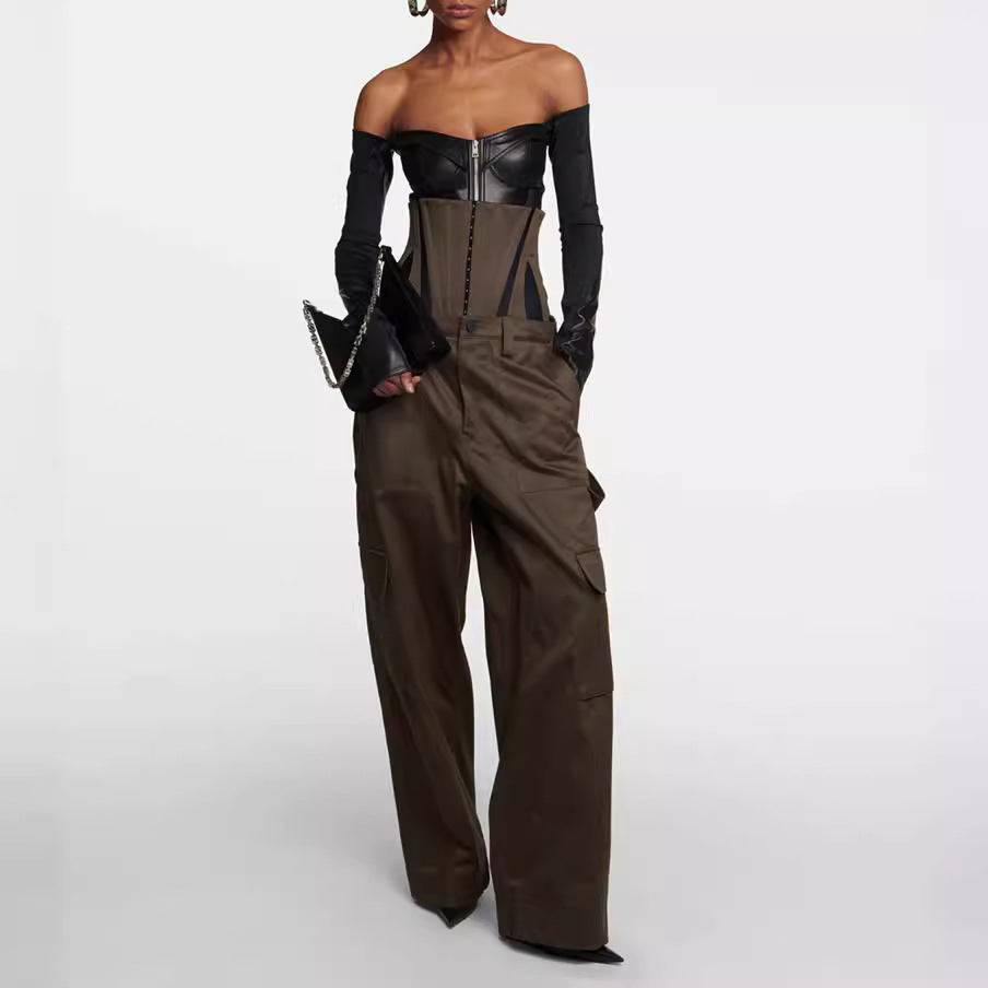Women's Shaping Slim Fit Patchwork Detachable Waist Seal Army Green Pants