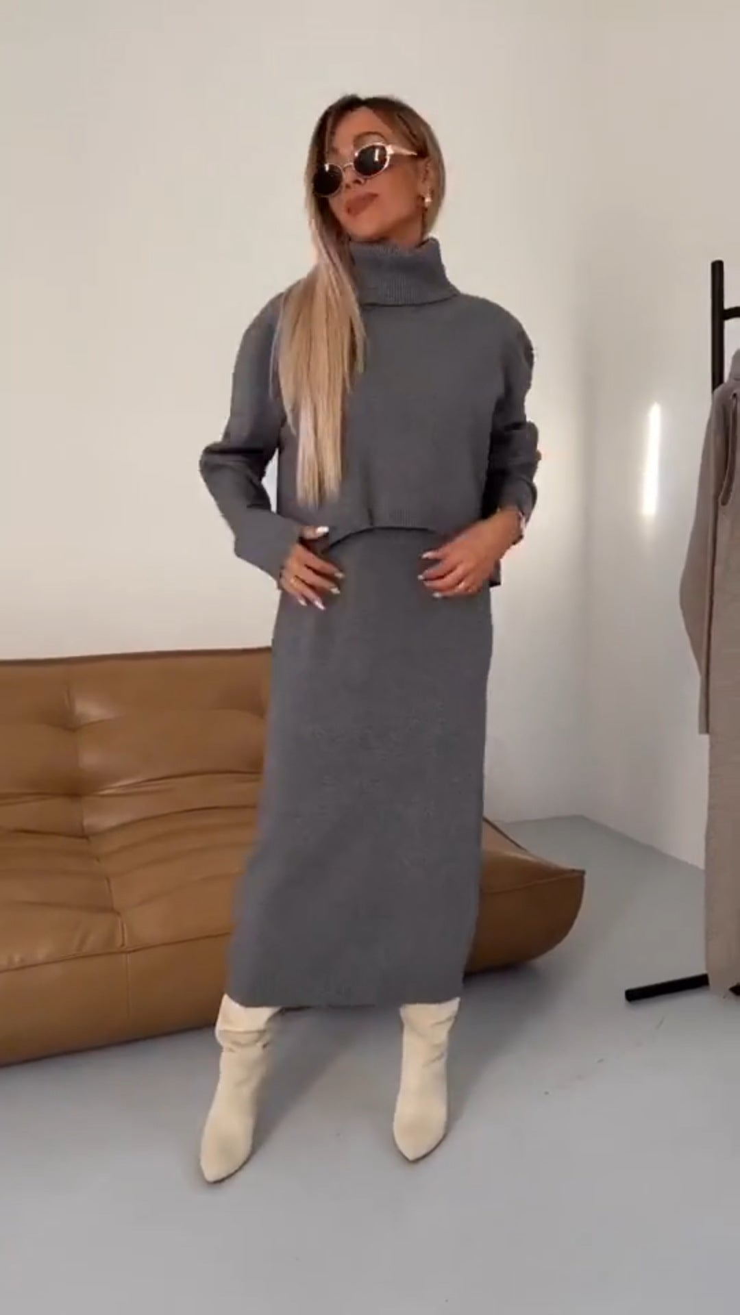 Dress Turtleneck Long Two-piece Solid Color Sweaters