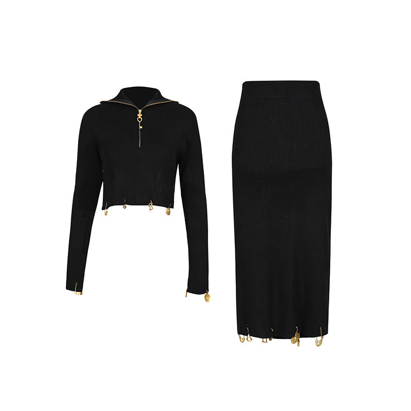 Women's Temperament Style Knitted Two-piece Zipper Collar Metal Decoration Suits