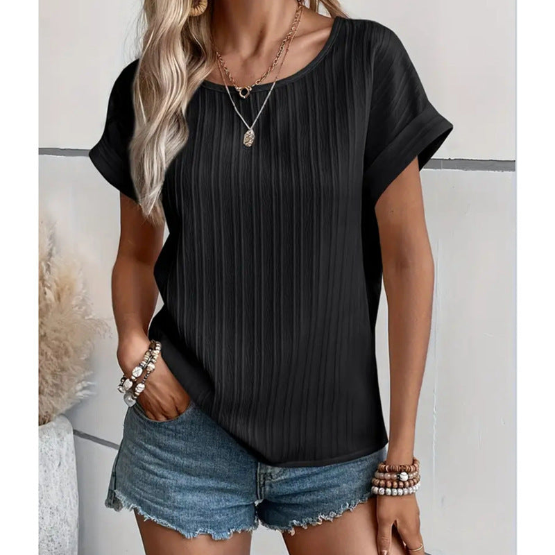 Women's Summer Short-sleeved Back Breasted Design Vertical Pattern Slim Fit Tops