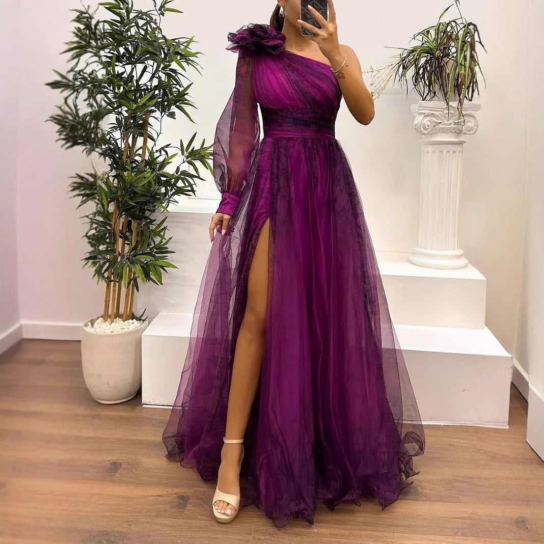 Oblique Shoulder Mesh Casual Loose Party Dresses