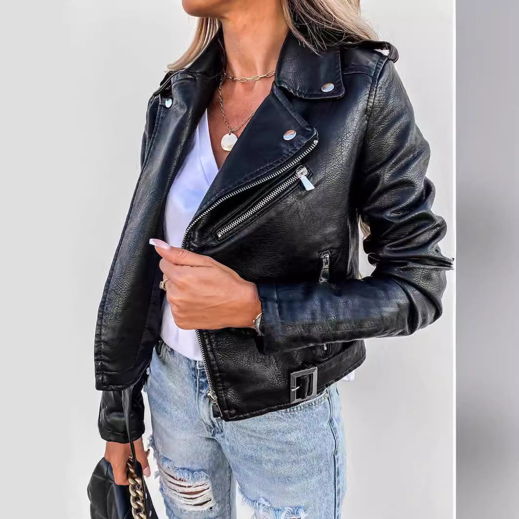 Women's Popular Russian Leather Motorcycle Zipper Jackets
