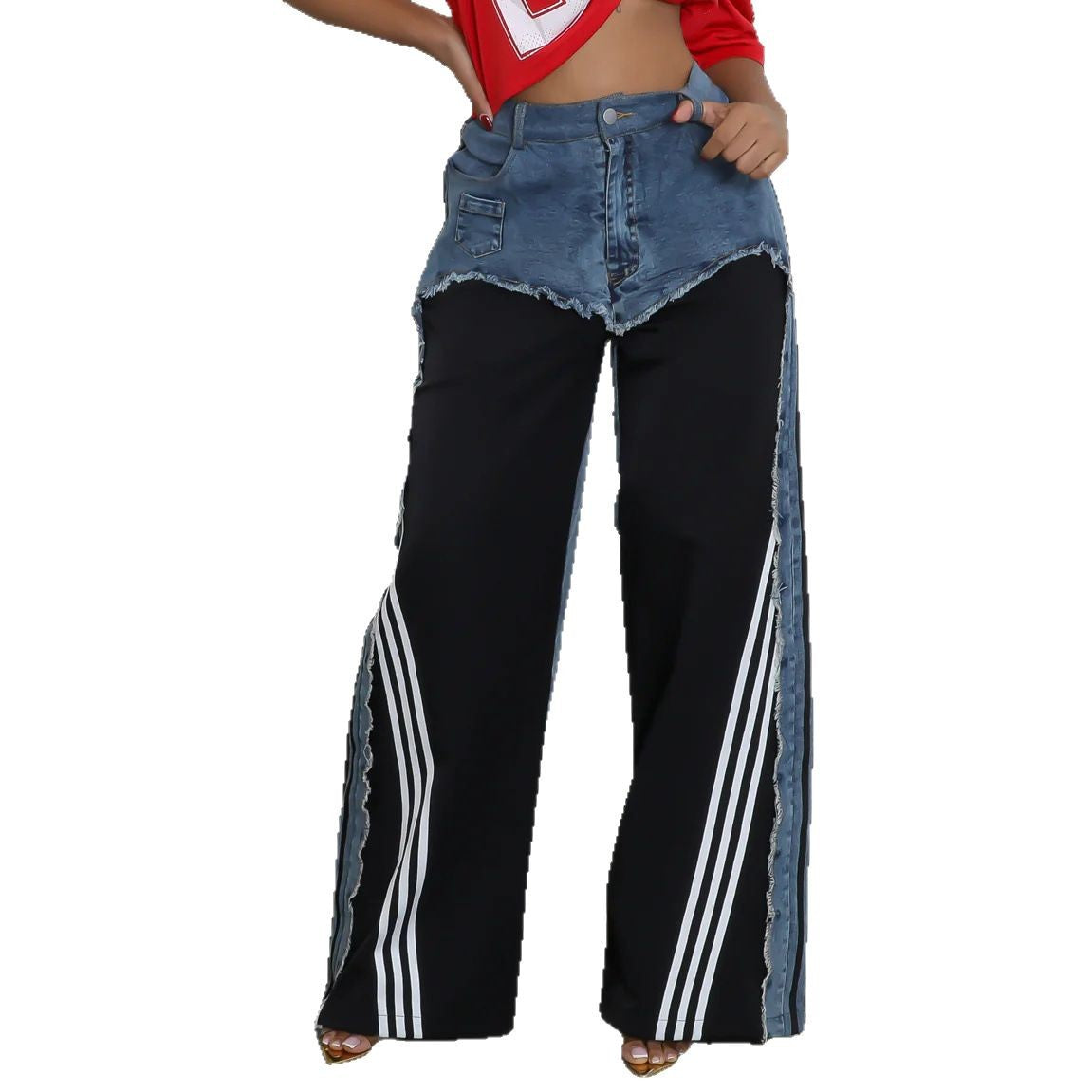 Women's Goods Fashion American Street Stitching Design Striped Jeans