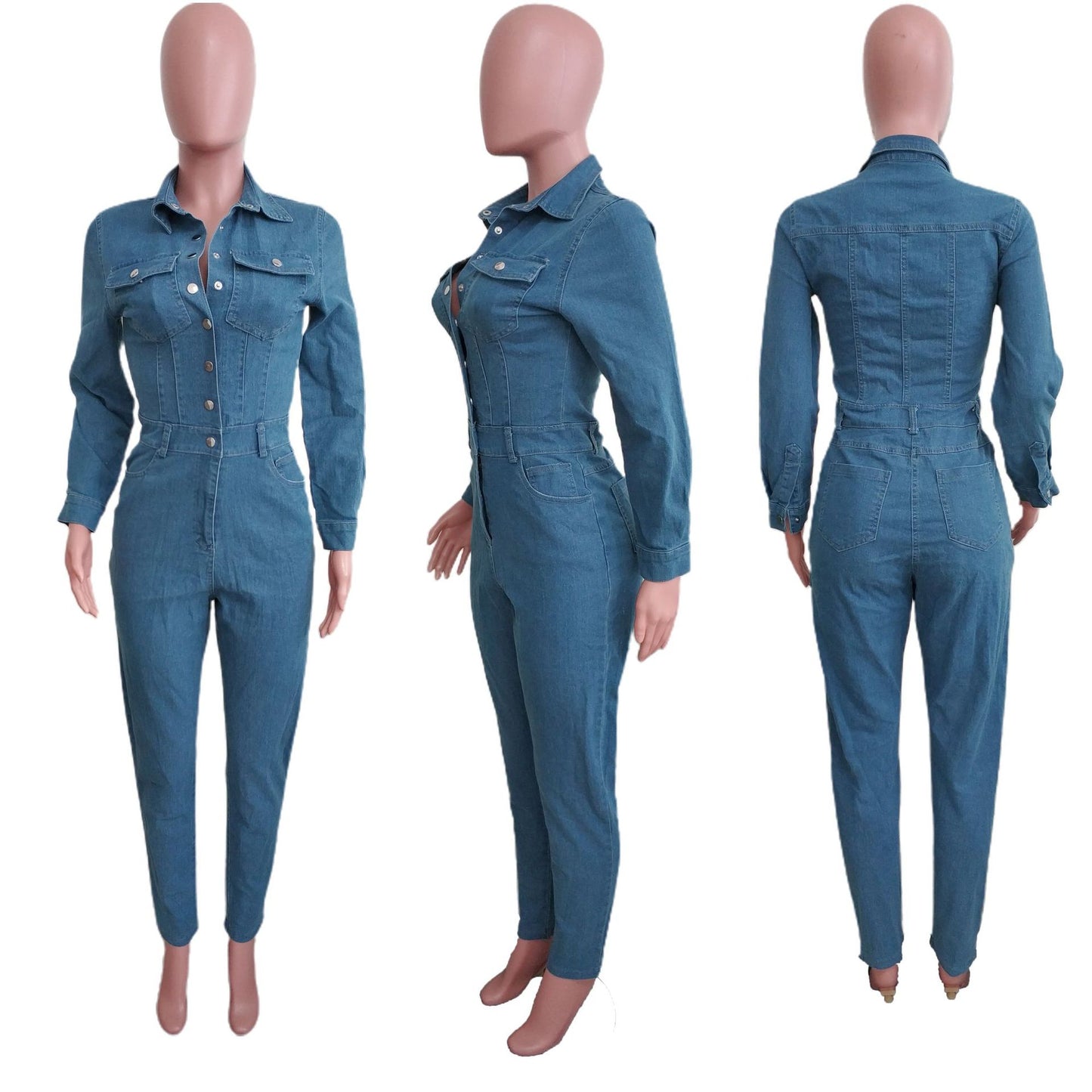 Stretch Long Sleeve Feet Wash Denim Jumpsuits