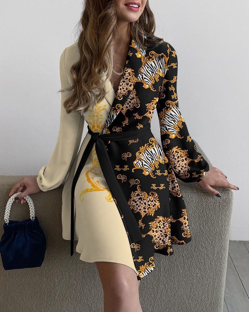 Women's Floral Printing Lapel Long Sleeve Waist Dresses