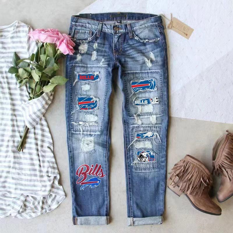 Women's Innovative Fashion Printing Hole Straight Jeans