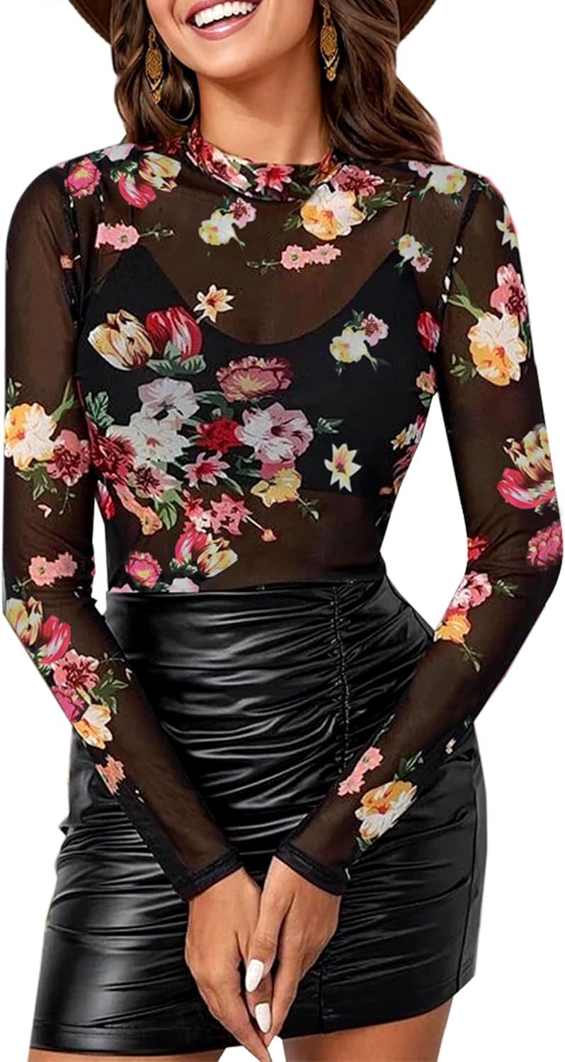 Women's Long Sleeves Lace Floral Mesh Bottoming Blouses