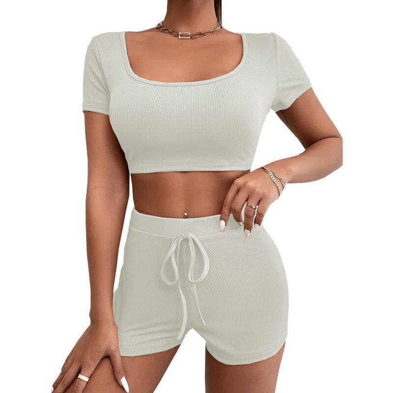 Women's Summer Solid Color Navel Square Collar Suits