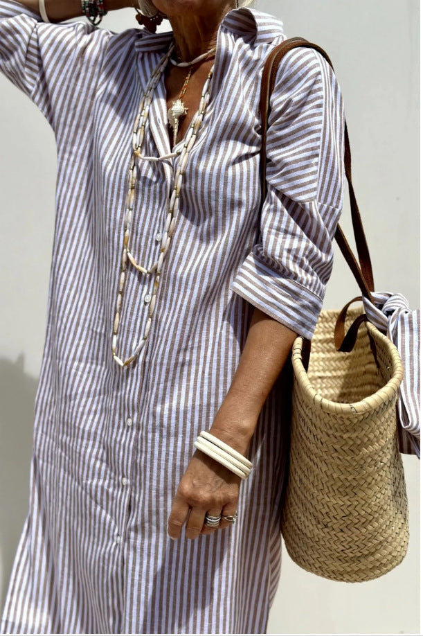Women's Cotton Linen Stripes Shirt Dress Loose Dresses